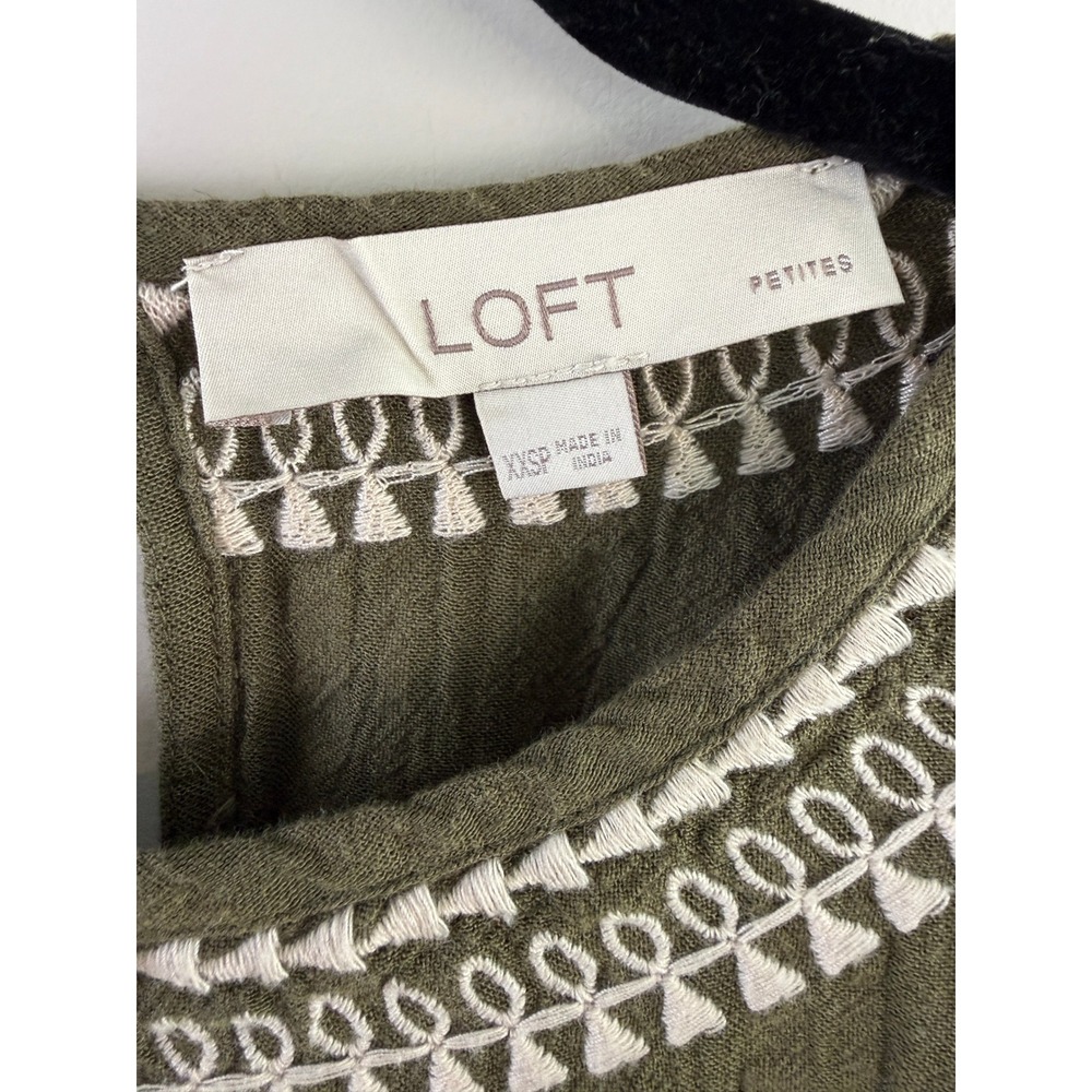 LOFT Women XXSP Olive Green Embroidered Peplum Top Flutter Sleeve Cotton Blend - Picture 2 of 4